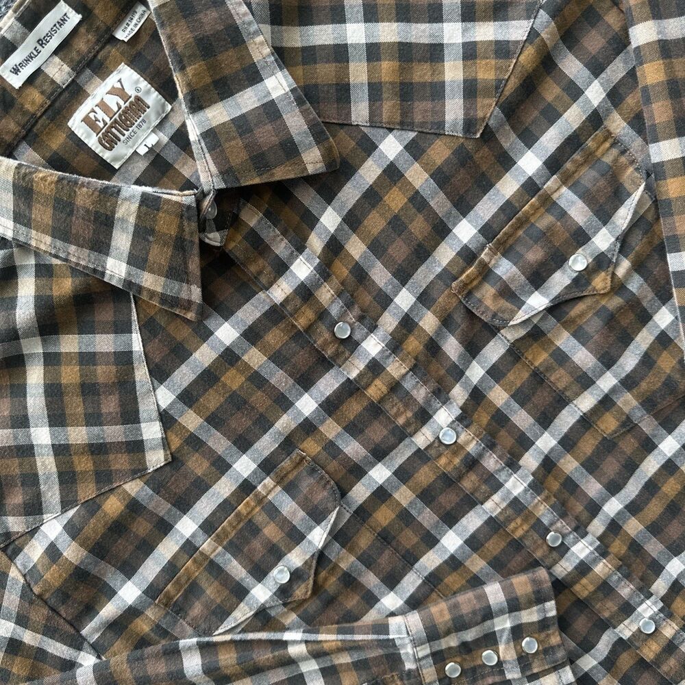 Ely Cattleman Western Pearl Snap Shirt Men's L Brown Plaid Long Sleeve Cowboy